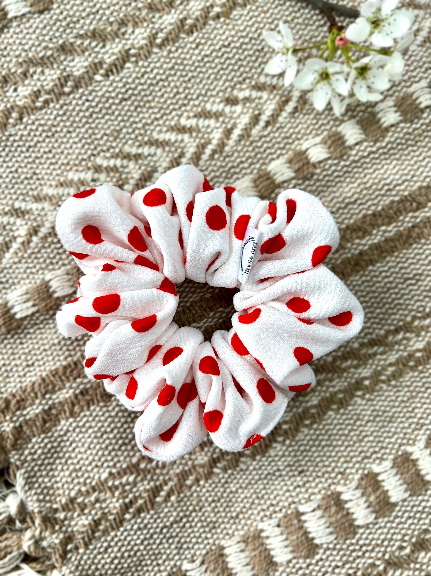 White with Red Polka Dot Textured Scrunchie